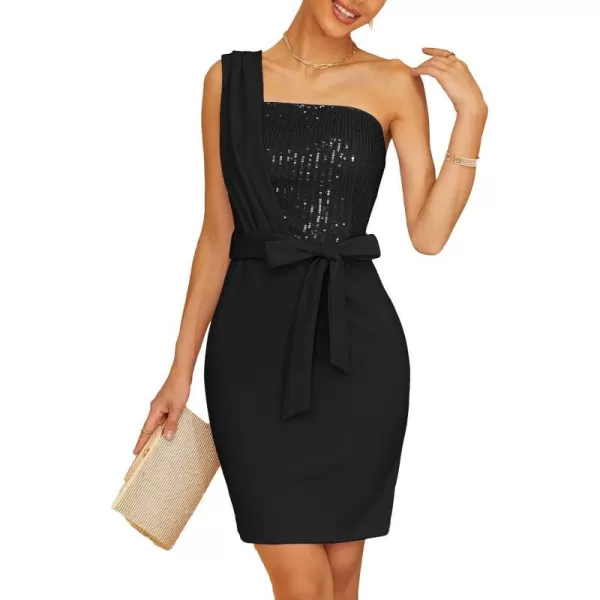 GRACE KARIN Sequin One Shoulder Cocktail Dresses for Women Wedding Guest Sleeveless Bodycon Party Mini DressBlack2240