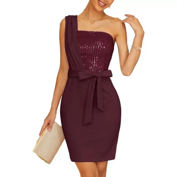 GRACE KARIN Sequin One Shoulder Cocktail Dresses for Women Wedding Guest Sleeveless Bodycon Party Mini DressWine Red2240