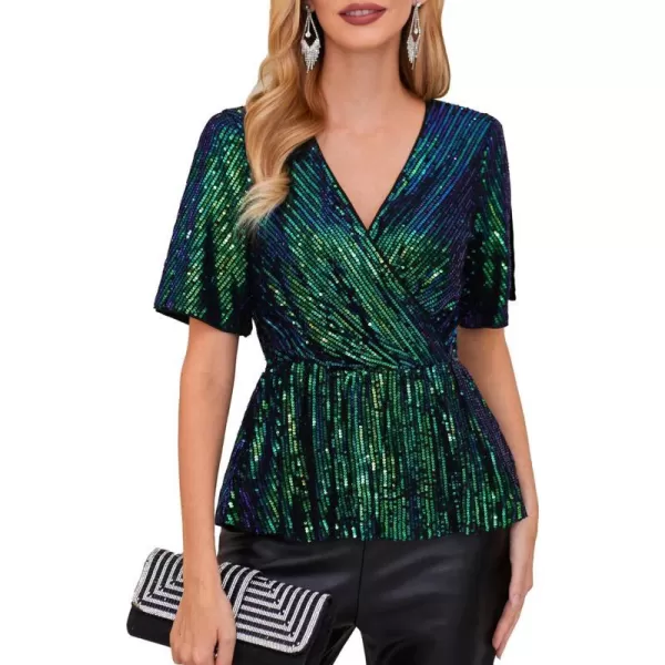 GRACE KARIN Sequin Ruffle Tops for Women Short Sleeve Dressy Sparkly Tops Ruched Wrap Blouse Party Club Cocktail Shirt1328 Blue Green