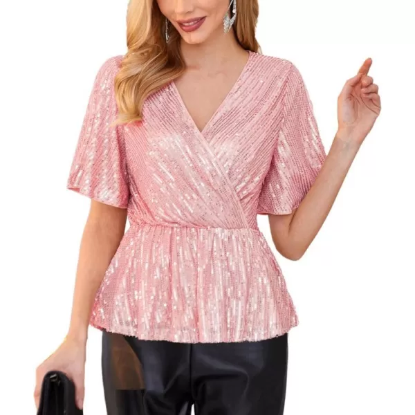 GRACE KARIN Sequin Ruffle Tops for Women Short Sleeve Dressy Sparkly Tops Ruched Wrap Blouse Party Club Cocktail Shirt1328 Pink