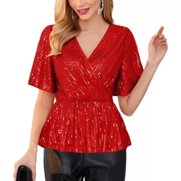 GRACE KARIN Sequin Ruffle Tops for Women Short Sleeve Dressy Sparkly Tops Ruched Wrap Blouse Party Club Cocktail Shirt1328 Red