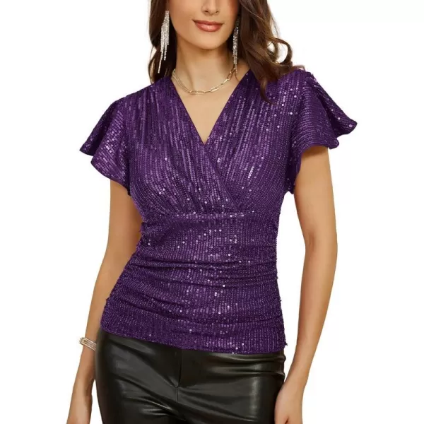 GRACE KARIN Sequin Ruffle Tops for Women Short Sleeve Dressy Sparkly Tops Ruched Wrap Blouse Party Club Cocktail ShirtPurple