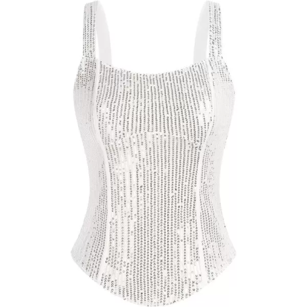 GRACE KARIN Sequin Tank Tops for Women Bustier Corset Top Sparkle Sexy Slim Camisole Sleeveless PartySilver White