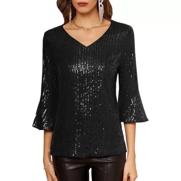 GRACE KARIN Sequin Tops for Women 34 Bell Sleeve VNeck CutOut Shiny Metallic Sparkly Glitter Party Tops BlouseBlack