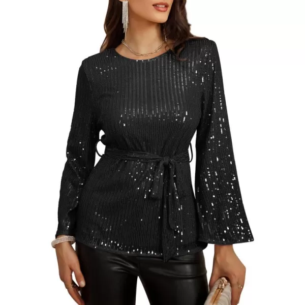 GRACE KARIN Sequin Tops for Women 34 Bell Sleeve VNeck CutOut Shiny Metallic Sparkly Glitter Party Tops BlouseBlack Long Sleeve