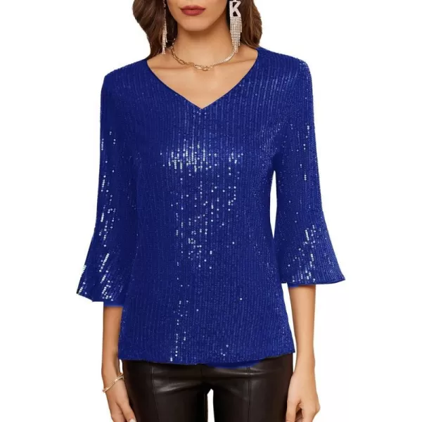 GRACE KARIN Sequin Tops for Women 34 Bell Sleeve VNeck CutOut Shiny Metallic Sparkly Glitter Party Tops BlouseBlue