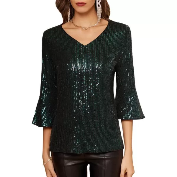 GRACE KARIN Sequin Tops for Women 34 Bell Sleeve VNeck CutOut Shiny Metallic Sparkly Glitter Party Tops BlouseGreen