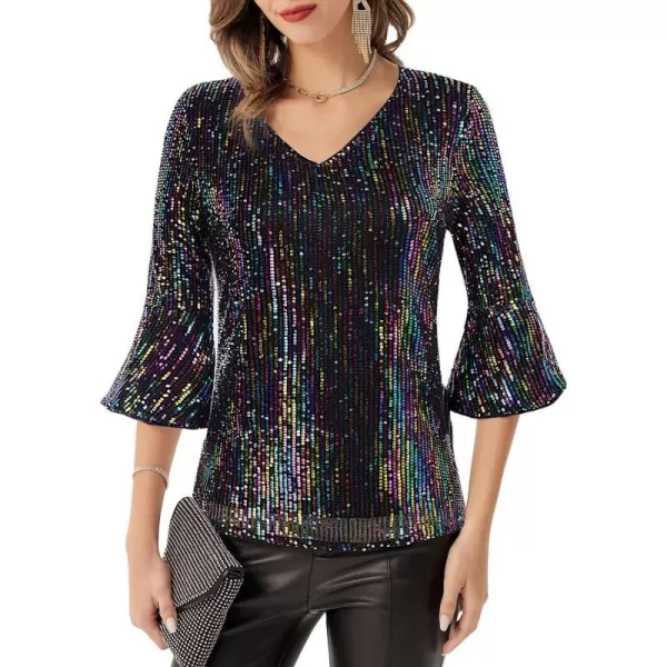 GRACE KARIN Sequin Tops for Women 34 Bell Sleeve VNeck CutOut Shiny Metallic Sparkly Glitter Party Tops BlouseMulticolora