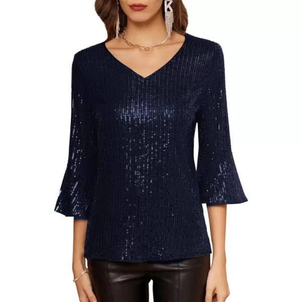 GRACE KARIN Sequin Tops for Women 34 Bell Sleeve VNeck CutOut Shiny Metallic Sparkly Glitter Party Tops BlouseNavy Blue