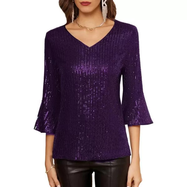 GRACE KARIN Sequin Tops for Women 34 Bell Sleeve VNeck CutOut Shiny Metallic Sparkly Glitter Party Tops BlousePurple