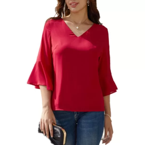 GRACE KARIN Sequin Tops for Women 34 Bell Sleeve VNeck CutOut Shiny Metallic Sparkly Glitter Party Tops BlouseSolid Wine Red