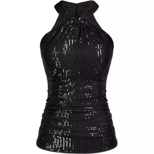 GRACE KARIN Sequin Tops for Women Elegant Halter Tops Sparkle Tank Shimmer Party Club Cocktail Slim Fit Ruched TopsBlack