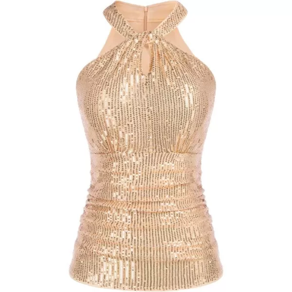 GRACE KARIN Sequin Tops for Women Elegant Halter Tops Sparkle Tank Shimmer Party Club Cocktail Slim Fit Ruched TopsChampagne