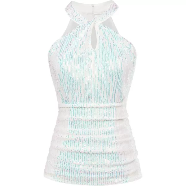 GRACE KARIN Sequin Tops for Women Elegant Halter Tops Sparkle Tank Shimmer Party Club Cocktail Slim Fit Ruched TopsDazzlingwhite