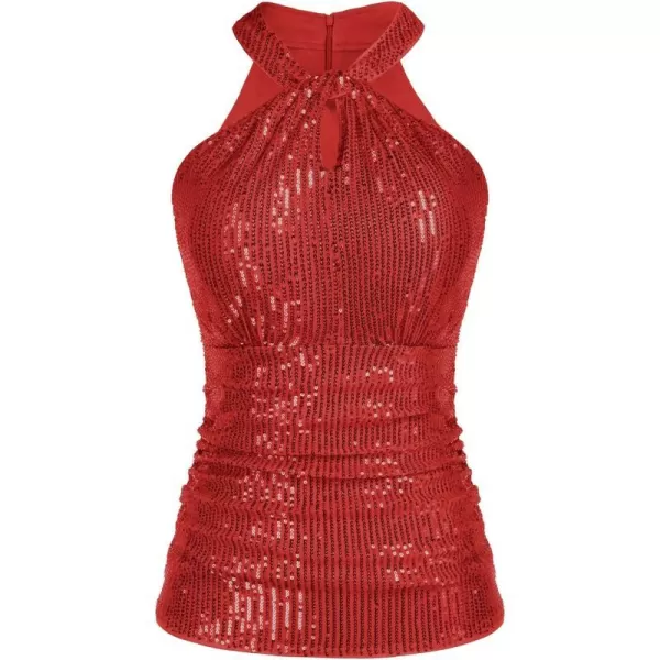 GRACE KARIN Sequin Tops for Women Elegant Halter Tops Sparkle Tank Shimmer Party Club Cocktail Slim Fit Ruched TopsRed