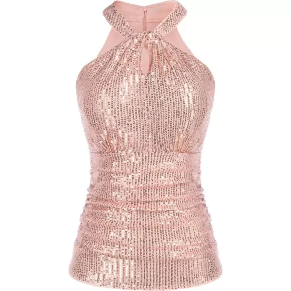 GRACE KARIN Sequin Tops for Women Elegant Halter Tops Sparkle Tank Shimmer Party Club Cocktail Slim Fit Ruched TopsRose Gold