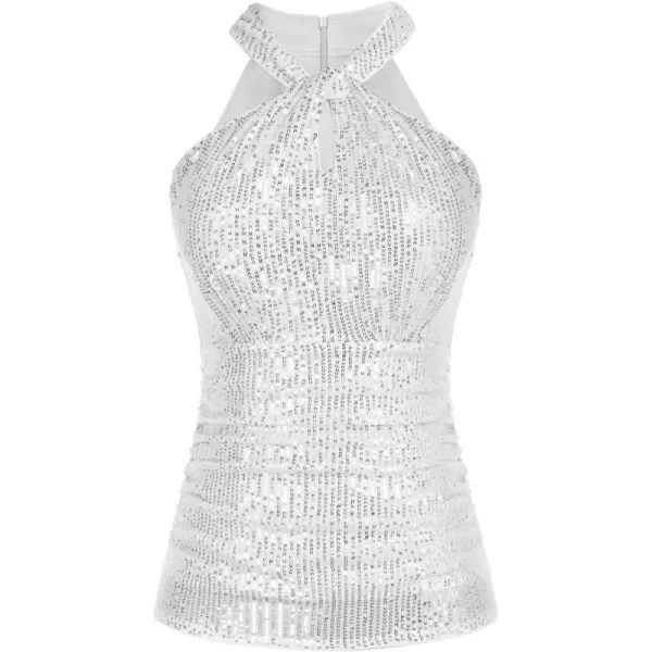 GRACE KARIN Sequin Tops for Women Elegant Halter Tops Sparkle Tank Shimmer Party Club Cocktail Slim Fit Ruched TopsSilver White