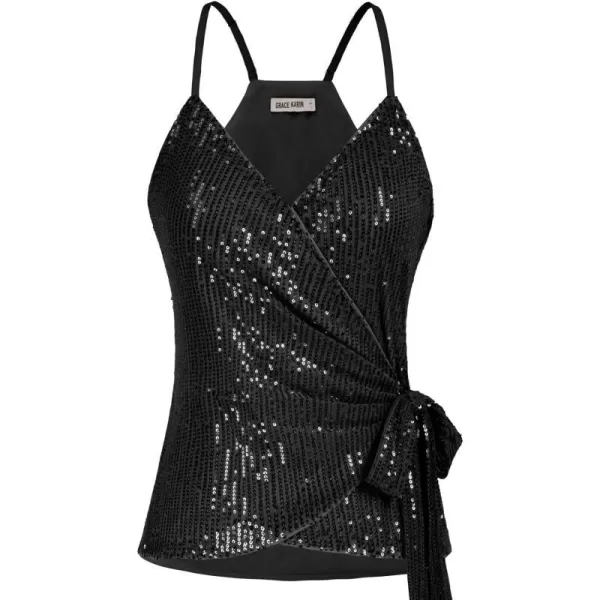 GRACE KARIN Sequin Tops for Women Sparkle Tank Camisole V Neck Sexy Tie Waist Top Party Club Cocktail Vest ShirtBlack