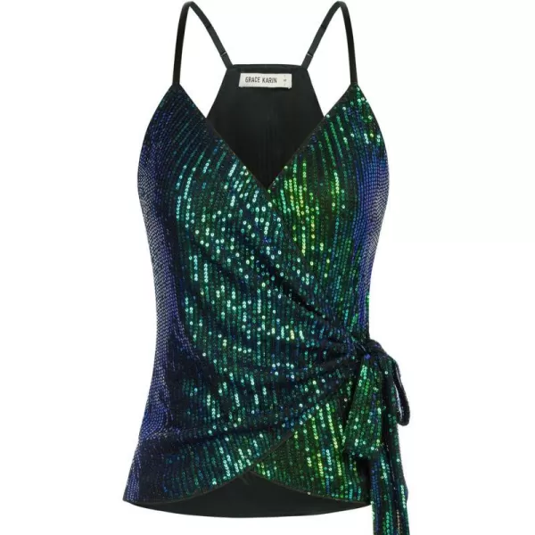 GRACE KARIN Sequin Tops for Women Sparkle Tank Camisole V Neck Sexy Tie Waist Top Party Club Cocktail Vest ShirtBluegreen