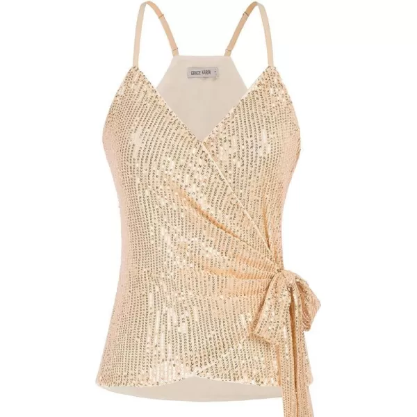 GRACE KARIN Sequin Tops for Women Sparkle Tank Camisole V Neck Sexy Tie Waist Top Party Club Cocktail Vest ShirtChampagne