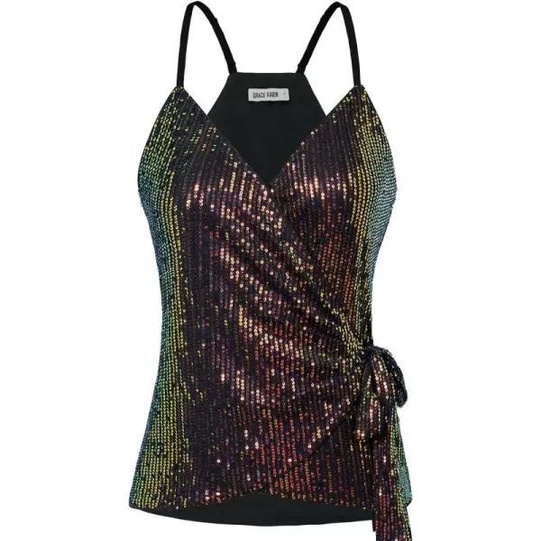 GRACE KARIN Sequin Tops for Women Sparkle Tank Camisole V Neck Sexy Tie Waist Top Party Club Cocktail Vest ShirtDazzlingblack