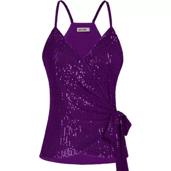 GRACE KARIN Sequin Tops for Women Sparkle Tank Camisole V Neck Sexy Tie Waist Top Party Club Cocktail Vest ShirtPurple