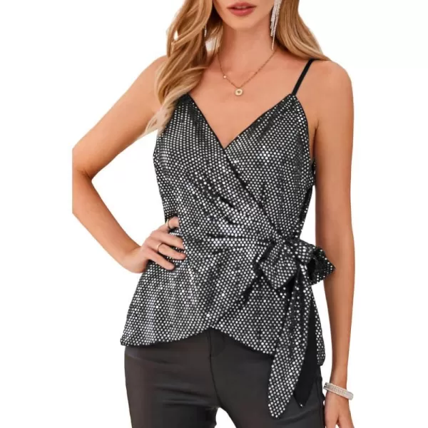 GRACE KARIN Sequin Tops for Women Sparkle Tank Camisole V Neck Sexy Tie Waist Top Party Club Cocktail Vest ShirtSilver Black