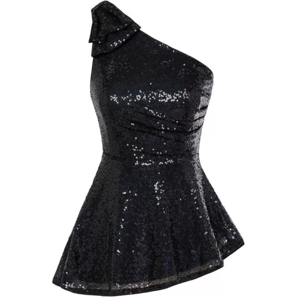 GRACE KARIN Sequin Tops for Women Sparkly One Shoulder Sleeveless Glitter Dressy Blouses Sparkle Party Peplum ShirtsBlack