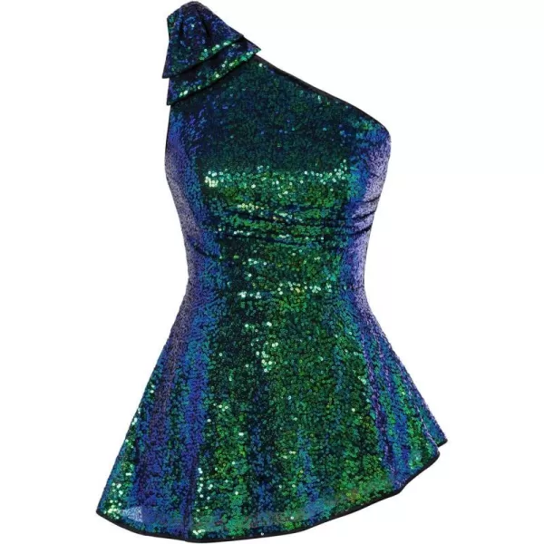 GRACE KARIN Sequin Tops for Women Sparkly One Shoulder Sleeveless Glitter Dressy Blouses Sparkle Party Peplum ShirtsDrak Green