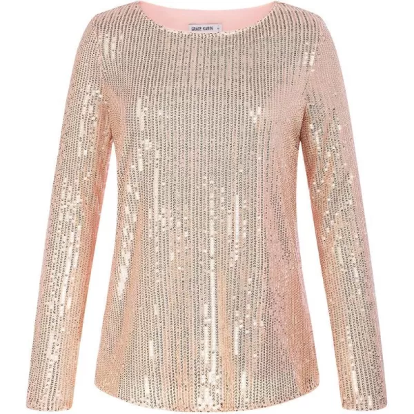 GRACE KARIN Sequin Tops for Women Sparkly Top Glitter Evening Party Shiny Split Mesh Back Long Sleeve BlousesRose Gold