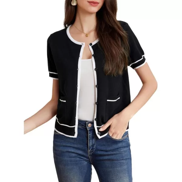 GRACE KARIN Short Sleeve Contrast Cardigan Sweaters for Women Summer Casual Striped Button Down Bolero ShrugBlackwhite Edge