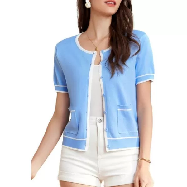 GRACE KARIN Short Sleeve Contrast Cardigan Sweaters for Women Summer Casual Striped Button Down Bolero ShrugLight Bluewhite Edge