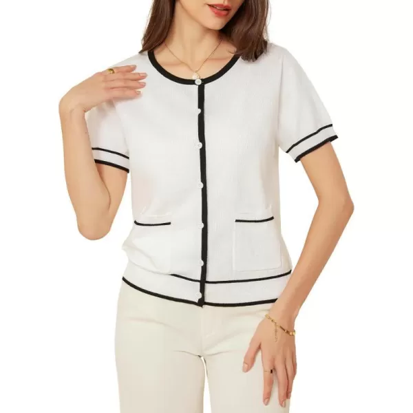 GRACE KARIN Short Sleeve Contrast Cardigan Sweaters for Women Summer Casual Striped Button Down Bolero ShrugWhiteblack Edge