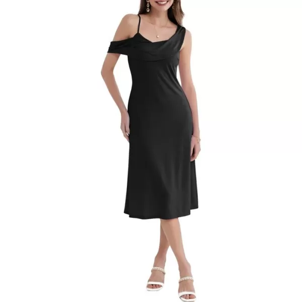 GRACE KARIN Spaghetti Strap Dress 2024 Summer Asymmetric Ruched Neck Off Shoulder A Line Midi DressBlack