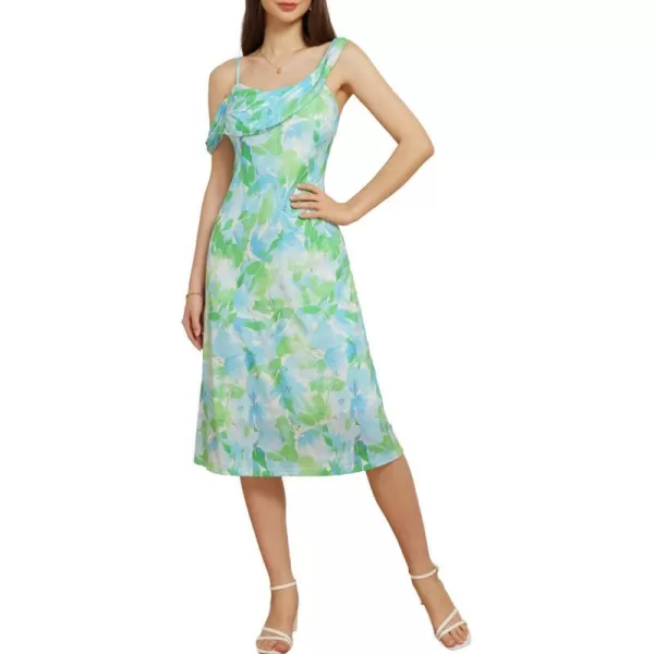 GRACE KARIN Spaghetti Strap Dress 2024 Summer Asymmetric Ruched Neck Off Shoulder A Line Midi DressBlue Green