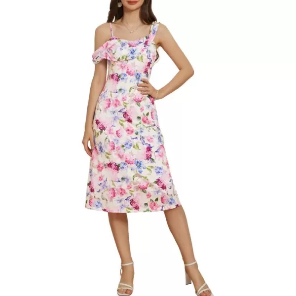 GRACE KARIN Spaghetti Strap Dress 2024 Summer Asymmetric Ruched Neck Off Shoulder A Line Midi DressPurple Pink