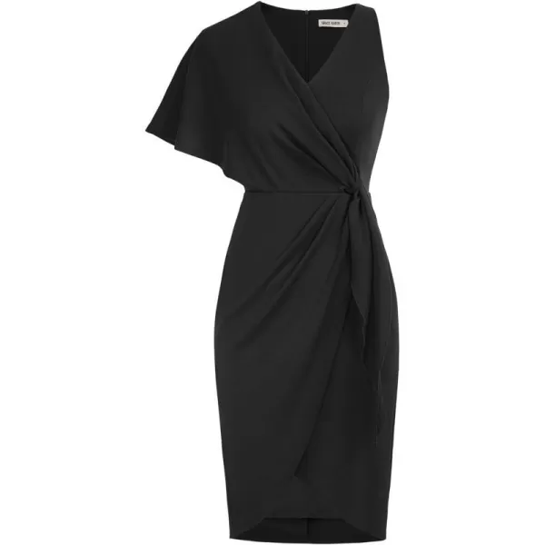 GRACE KARIN Summer Formal Midi Dresses for Women Wrap VNeck Asymmetrical Sleeve Rouched Bodycon Cocktail Dress Tie FrontBlack