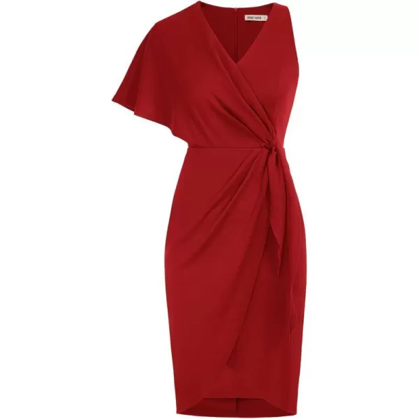 GRACE KARIN Summer Formal Midi Dresses for Women Wrap VNeck Asymmetrical Sleeve Rouched Bodycon Cocktail Dress Tie FrontBright Red