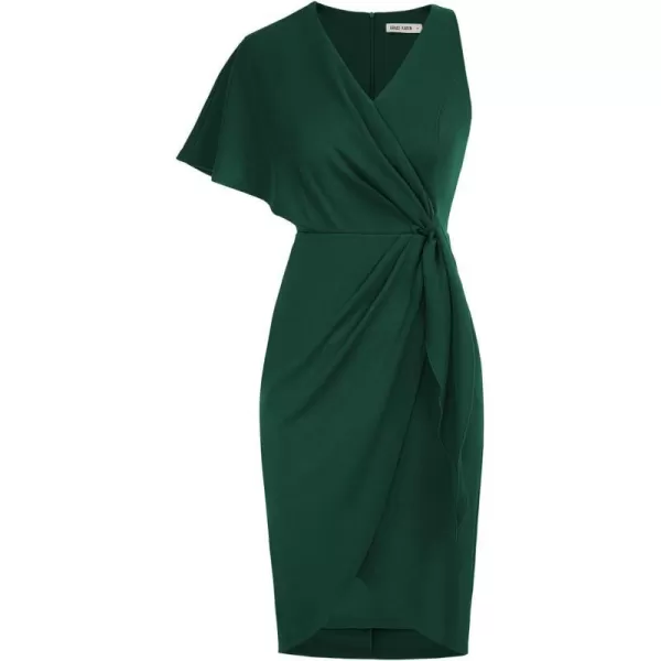 GRACE KARIN Summer Formal Midi Dresses for Women Wrap VNeck Asymmetrical Sleeve Rouched Bodycon Cocktail Dress Tie FrontDark Green