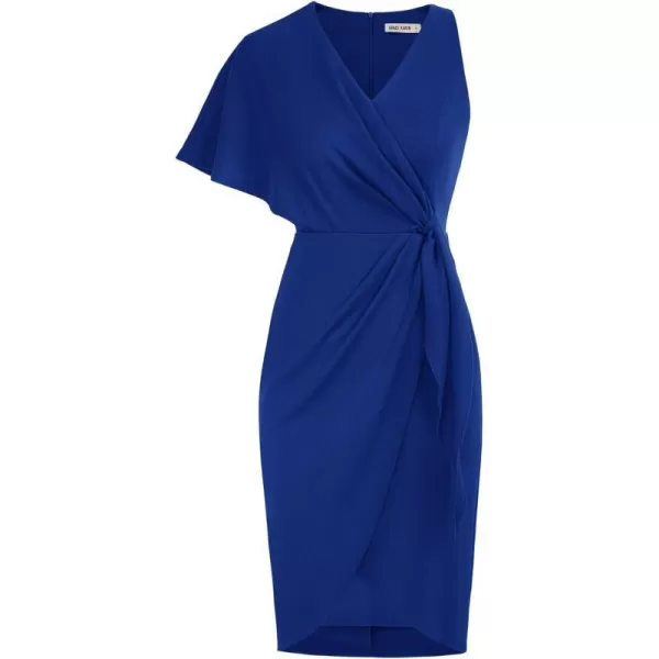 GRACE KARIN Summer Formal Midi Dresses for Women Wrap VNeck Asymmetrical Sleeve Rouched Bodycon Cocktail Dress Tie FrontRoyal Blue