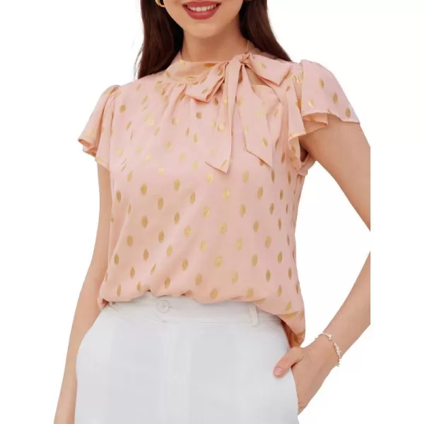 GRACE KARIN Summer Tops for Women 2024 Ruffle Sleeve Tie Neck Blouse Pleated Mock Neck Chiffon Business Casual ShirtPink