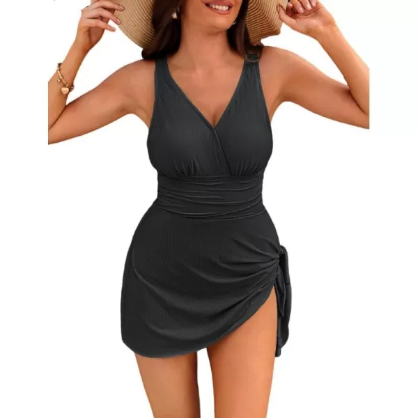 GRACE KARIN Swim Dress One Piece Swimsuit Women Tummy Control Bathing Suit Tie Knot V Neck Swimdress SwimwearBlack