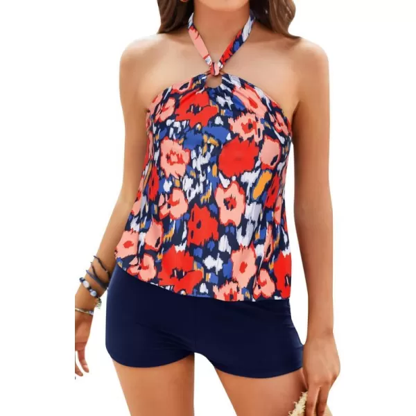 GRACE KARIN Tankini Bathing Suits for Women Two Piece Swimsuit with Shorts Halter Tie Up Neck Backless Floral Print SwimwearBlue Orange