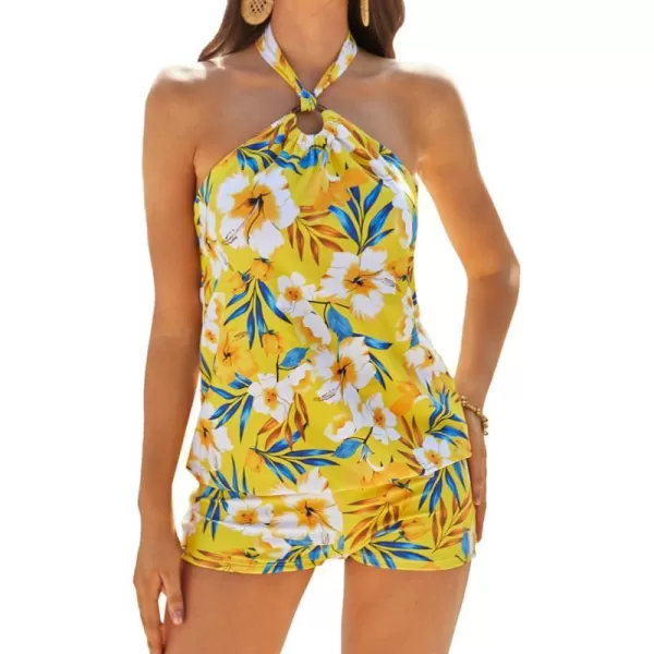 GRACE KARIN Tankini Bathing Suits for Women Two Piece Swimsuit with Shorts Halter Tie Up Neck Backless Floral Print SwimwearYellow