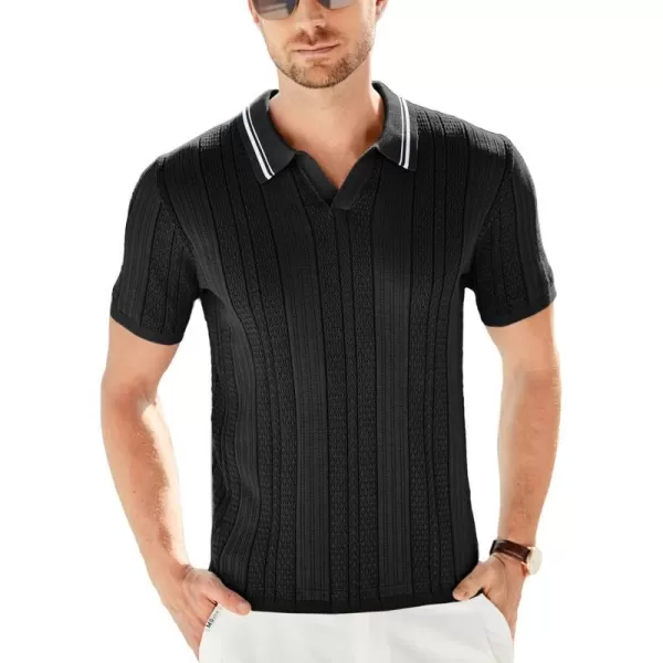 GRACE KARIN V Neck Polo Shirts for Men Short Sleeve Slim Fit Muscle Golf Shirts Casual Knit Tee ShirtsBlack