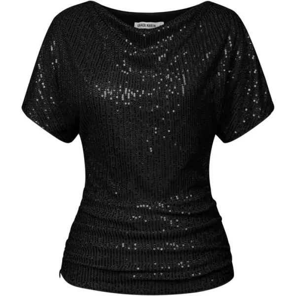 GRACE KARIN Women 2024 Summer Sequin Top Cowl Neck Batwing Sleeve Ruched Sparkly Glitter Party BlouseBlack