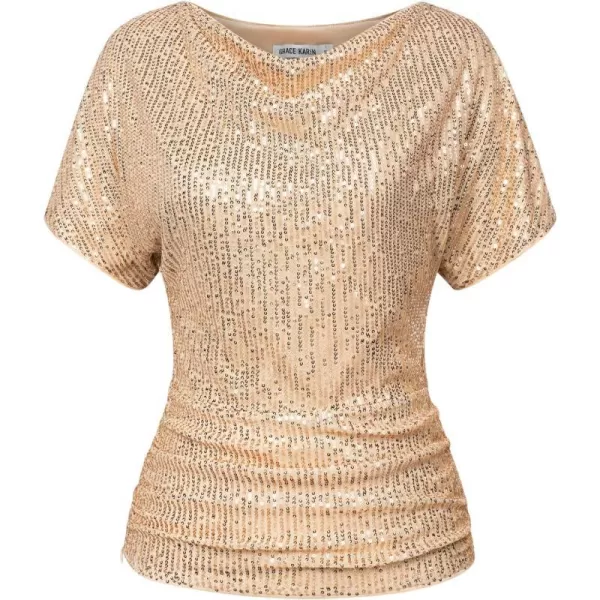 GRACE KARIN Women 2024 Summer Sequin Top Cowl Neck Batwing Sleeve Ruched Sparkly Glitter Party BlouseChampagne