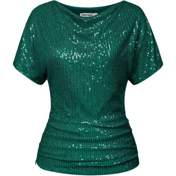 GRACE KARIN Women 2024 Summer Sequin Top Cowl Neck Batwing Sleeve Ruched Sparkly Glitter Party BlouseDark Green