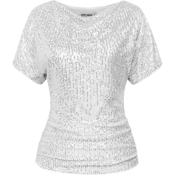 GRACE KARIN Women 2024 Summer Sequin Top Cowl Neck Batwing Sleeve Ruched Sparkly Glitter Party BlouseWhite