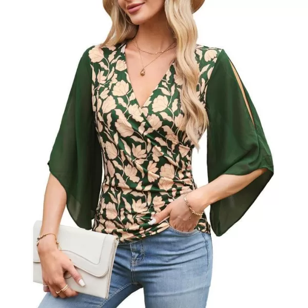 GRACE KARIN Women 34 Chiffon Sleeve Dressy Blouse Wrap Elastic Shirt Business Casual Party Flattering Tops 2023 FashionFloral 2